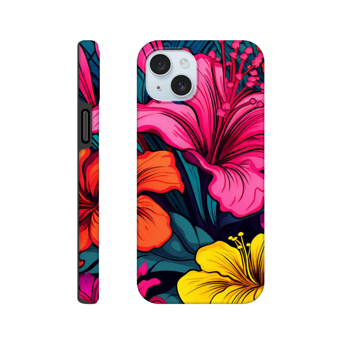 Vibrant tropical hibiscus iPhone case featuring bold pink, orange, and yellow florals with dark teal leaves for 13-16 models.