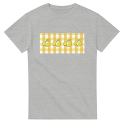 Gray women's Lemon Gingham T-shirt with a yellow lemon gingham patch across the chest.