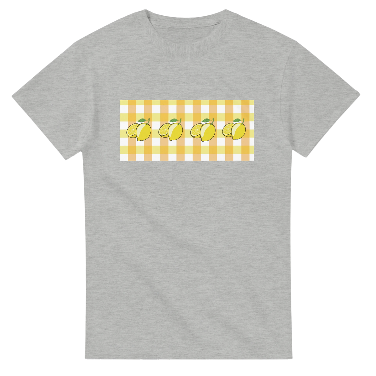 Gray women's Lemon Gingham T-shirt with a yellow lemon gingham patch across the chest.