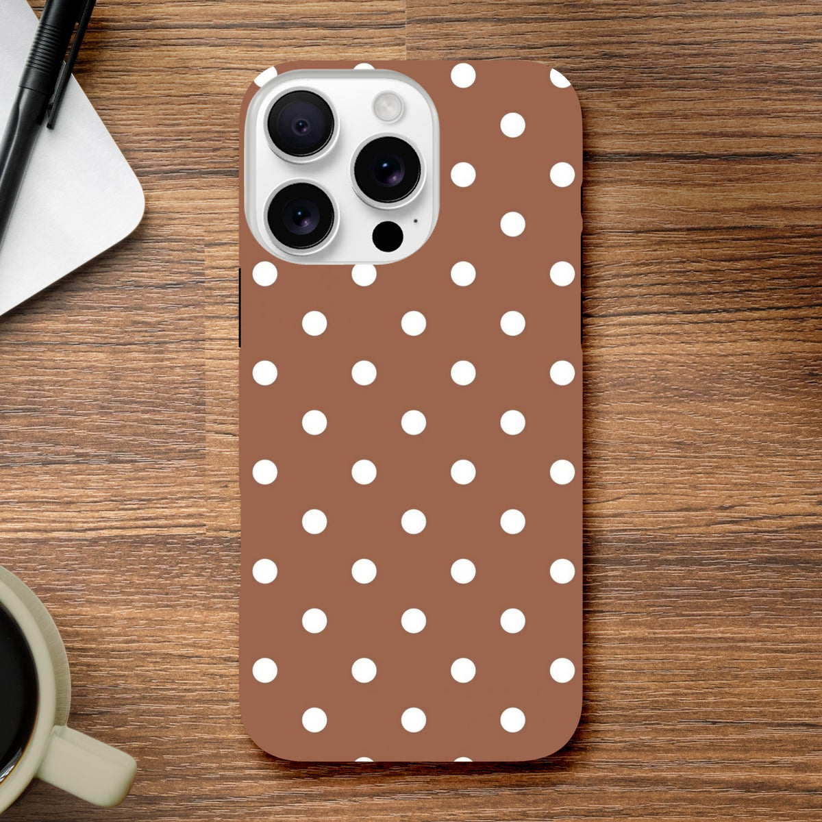 Retro brown and white polka dot tough iPhone case with shock-absorbing TPU for iPhone 13-16 Pro Max durability.