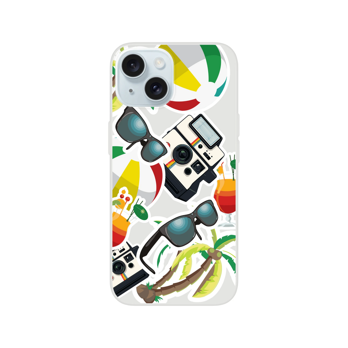 Transparent iPhone case featuring a vibrant summer sticker collage with palm trees, vintage cameras, sunglasses, and tropical drinks.
