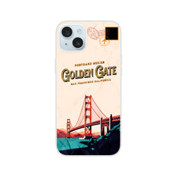 Vintage postcard-style iPhone case with Golden Gate Bridge design over San Francisco, California.