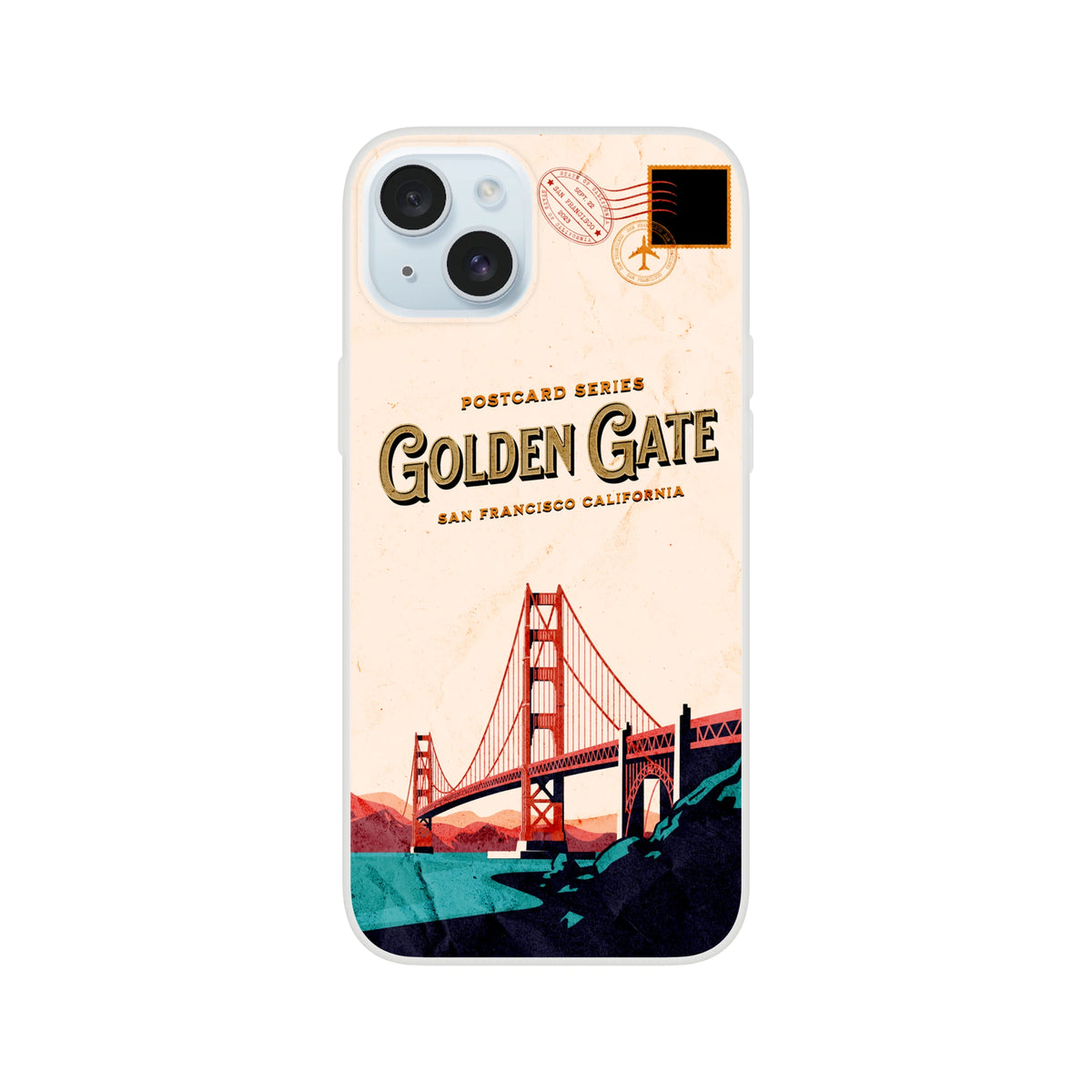 Vintage postcard-style iPhone case with Golden Gate Bridge design over San Francisco, California.