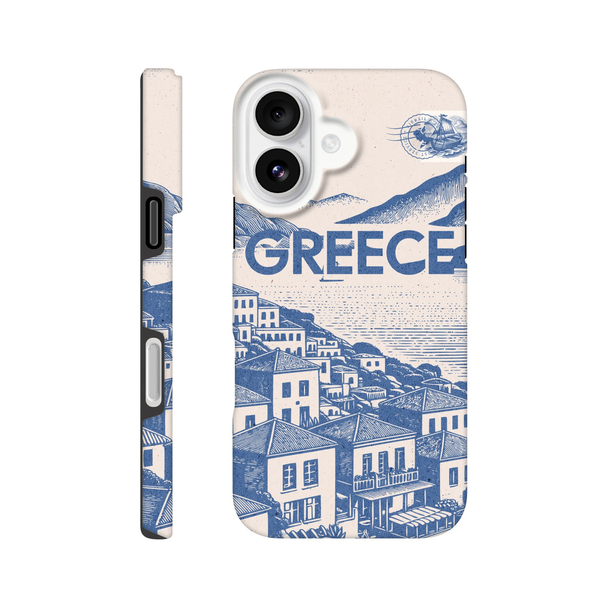 Vintage Greece iPhone case featuring blue Mediterranean village illustration, bold text, and protective tough design for travel lovers.