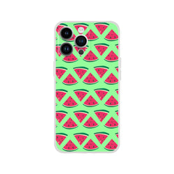 Cute summer watermelon pattern iPhone case with red slices on a mint green background. Slim protective cover for city commutes.