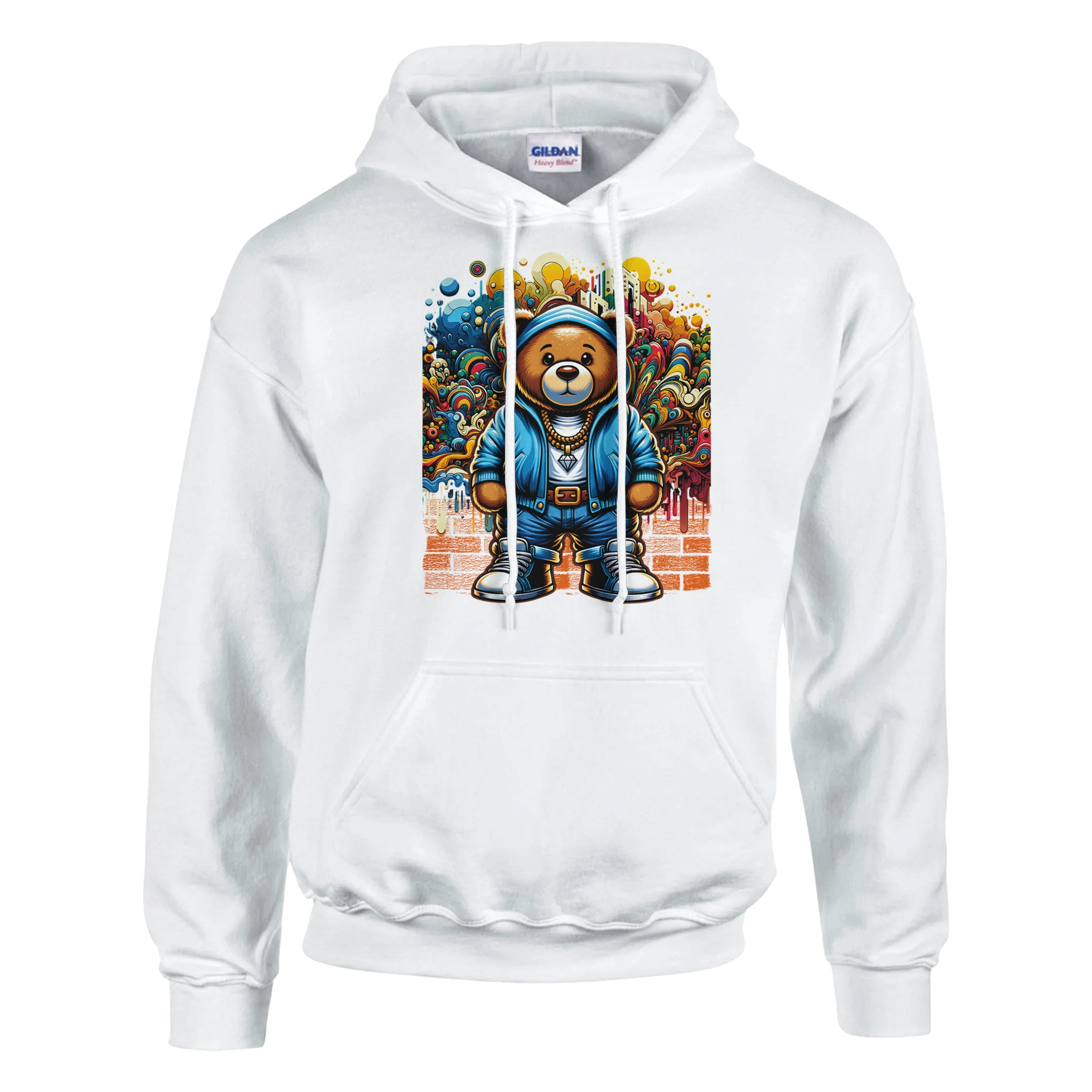 Men's Urban Teddy Bear Hoodie: teddy bear in blue hoodie with graffiti backdrop on a white cotton-poly fleece hoodie.