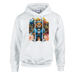 Men's Urban Teddy Bear Hoodie: teddy bear in blue hoodie with graffiti backdrop on a white cotton-poly fleece hoodie.