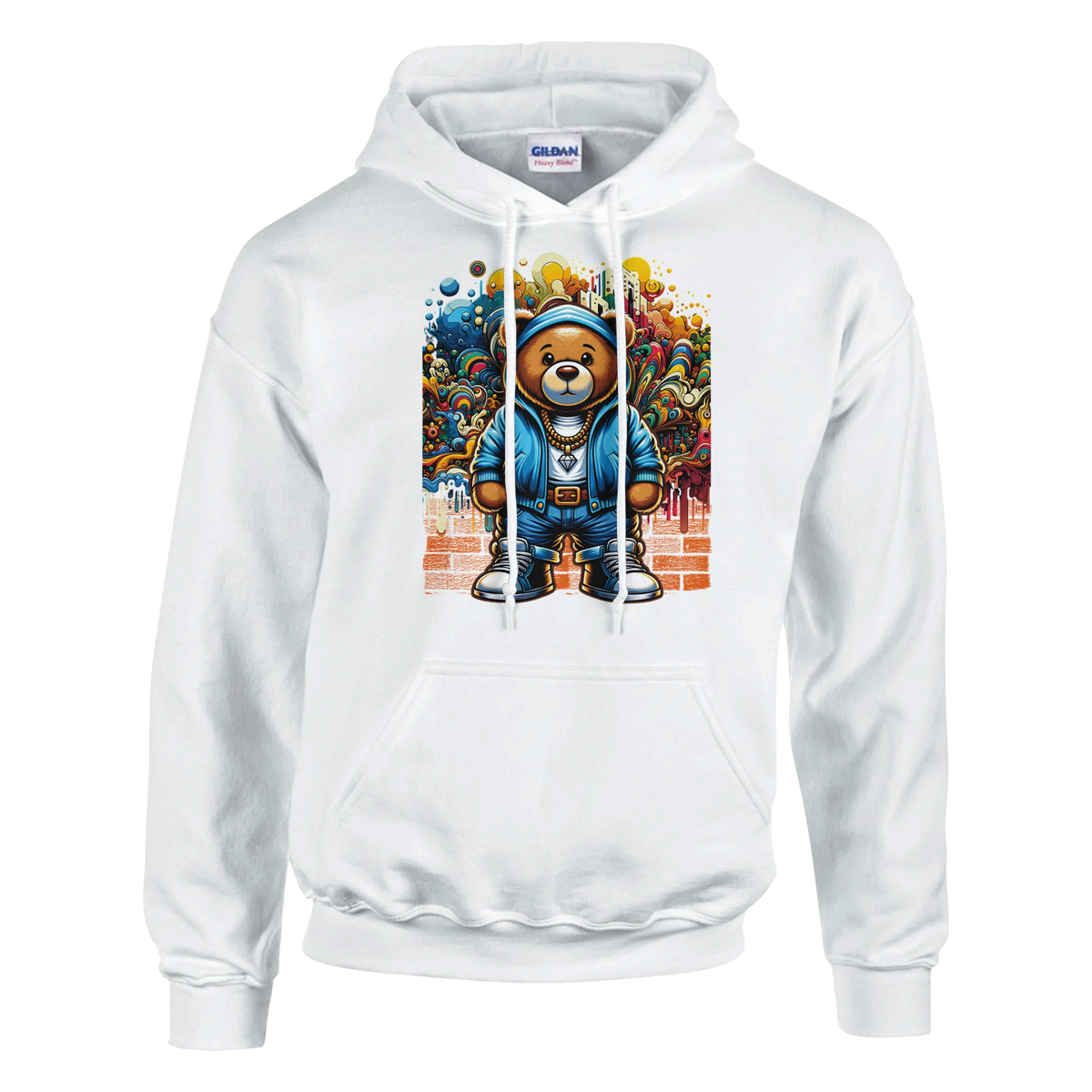 Men's Urban Teddy Bear Hoodie: teddy bear in blue hoodie with graffiti backdrop on a white cotton-poly fleece hoodie.