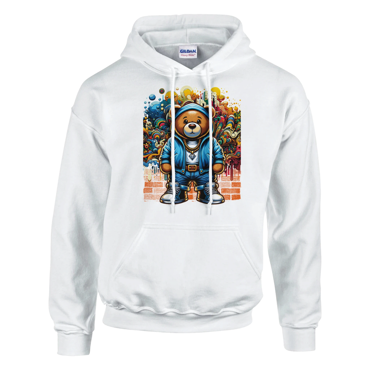 White men's teddy bear hoodie with a colorful bear graphic on a white background