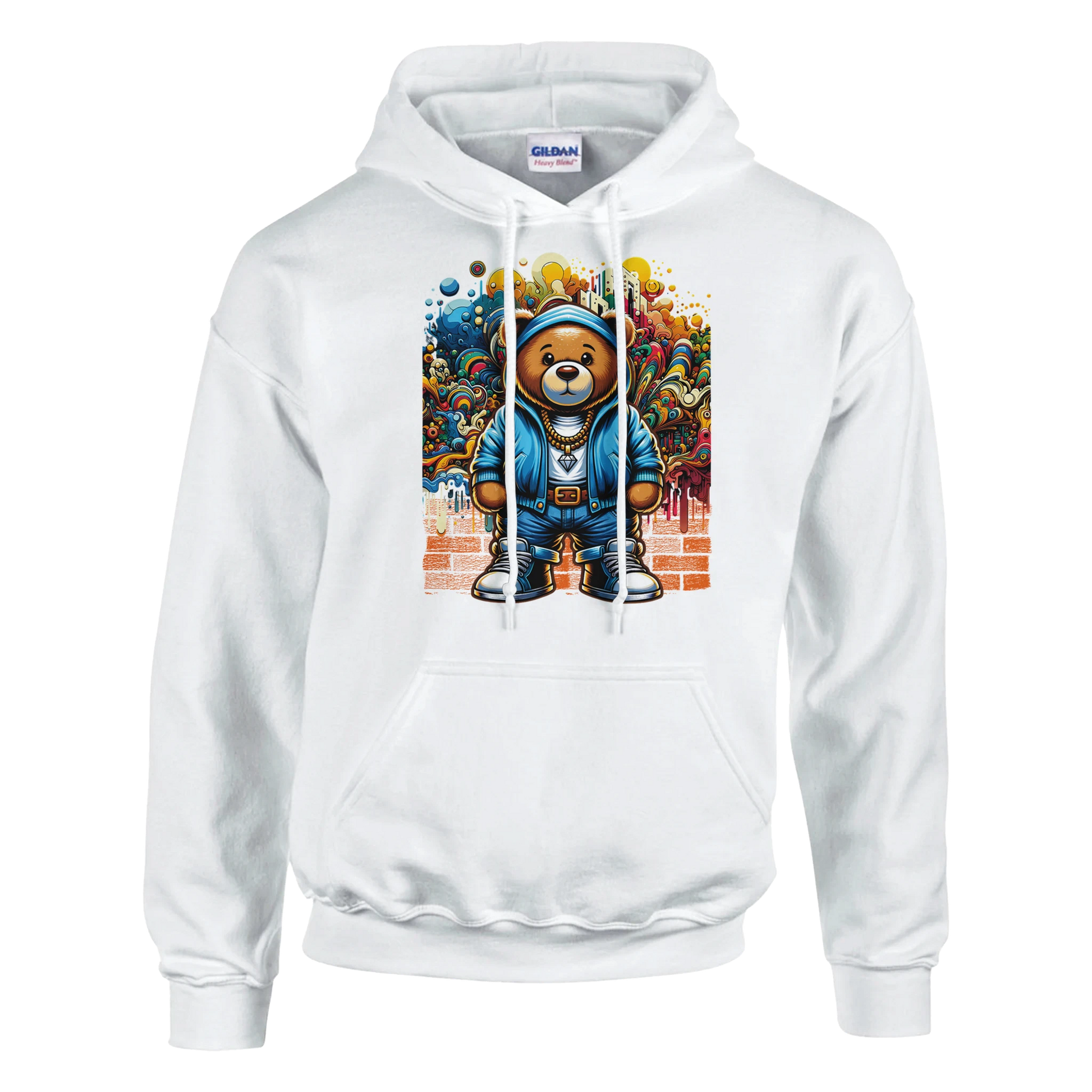 White men's teddy bear hoodie with a colorful bear graphic on a white background