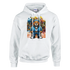 Men's Urban Teddy Bear Hoodie: teddy bear in blue hoodie with graffiti backdrop on a white cotton-poly fleece hoodie.