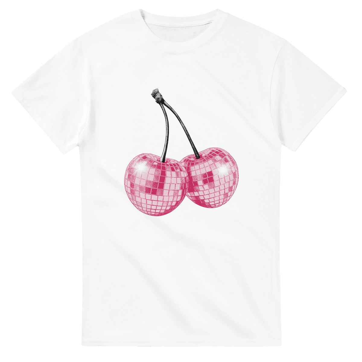 White cotton T-shirt with pink glitter disco-ball cherries graphic.