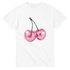White cotton T-shirt with pink glitter disco-ball cherries graphic.