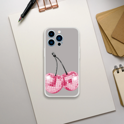 Y2K glitter cherries iPhone case for iPhone 13-16 with retro aesthetic pink cherry print on gray back.