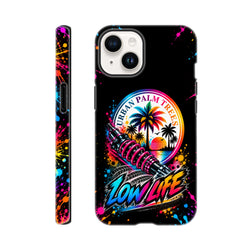 Low Life Petrolhead iPhone case featuring a shock absorber, Urban Palm Trees sunset graphic, and colorful paint splatter design.