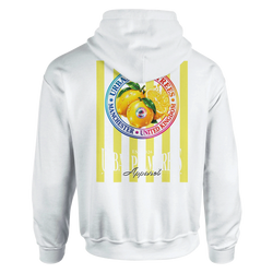 White hoodie back featuring retro striped lemon graphic print with Urban Palm Trees Manchester branding.