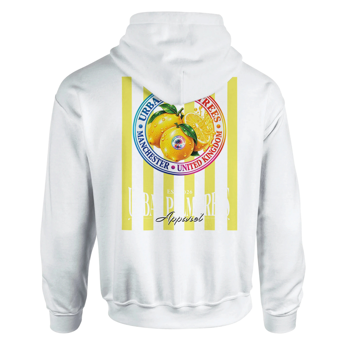White hoodie back featuring retro striped lemon graphic print with Urban Palm Trees Manchester branding.