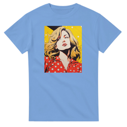 Light blue vintage streetwear t-shirt featuring retro pop art graphic of a blonde woman in a red polka dot shirt.