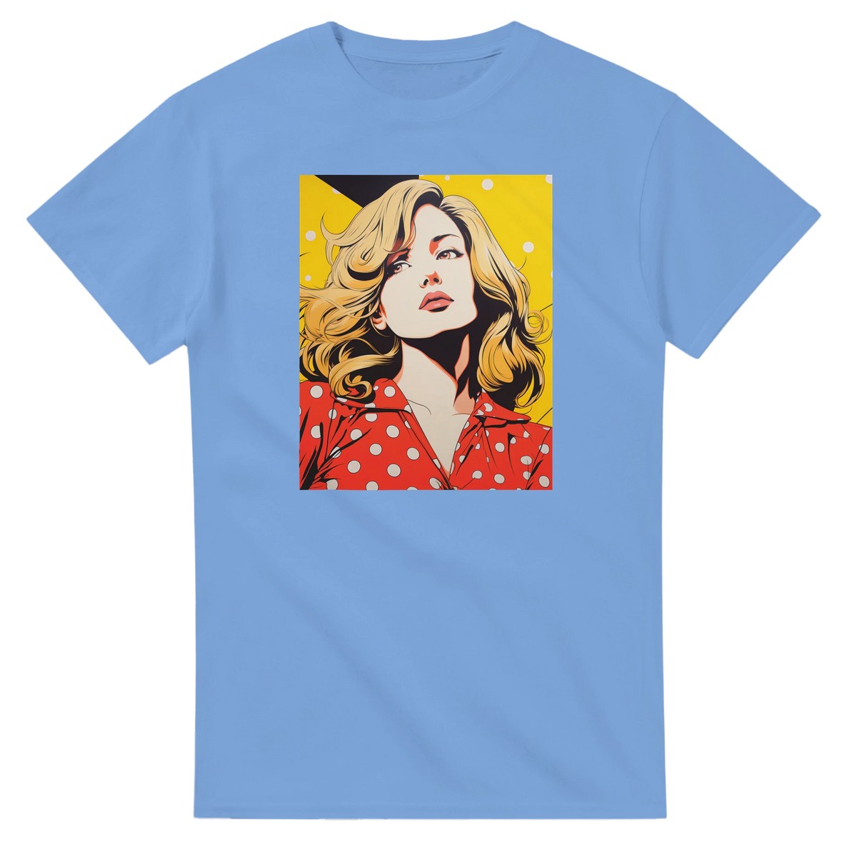 Light blue vintage streetwear t-shirt featuring retro pop art graphic of a blonde woman in a red polka dot shirt.