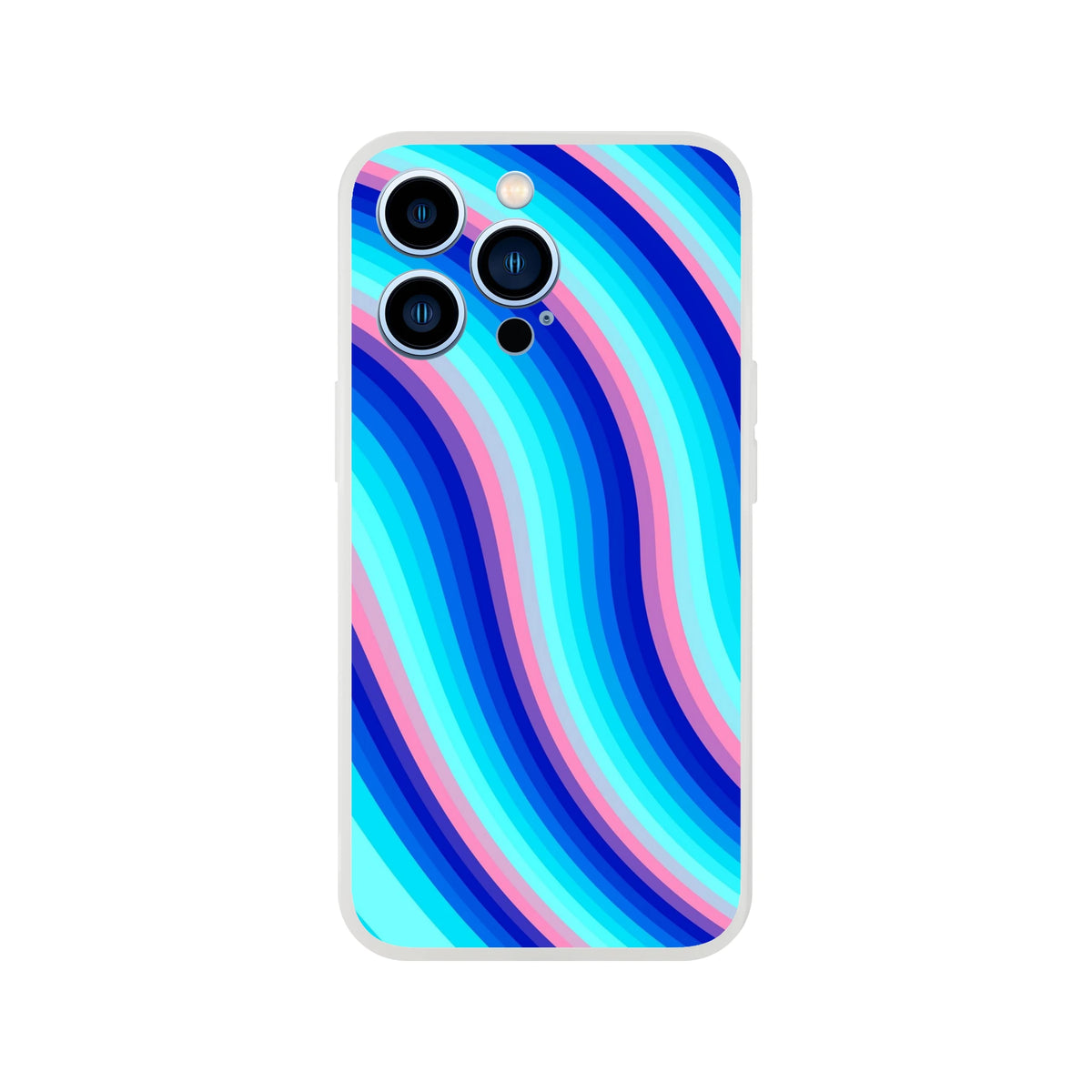 Blue and pink retro wave swirl iPhone case for iPhone 13–16, slim matte cover with bold long-lasting print.