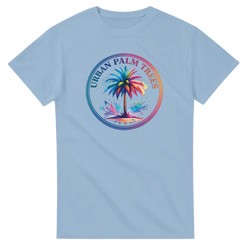 Urban Palm Trees Tee for Men with a colorful circular palm tree design on light blue fabric.
