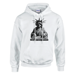 Liberty DJ men's graphic hoodie in white featuring Statue of Liberty with headphones at a DJ mixer.
