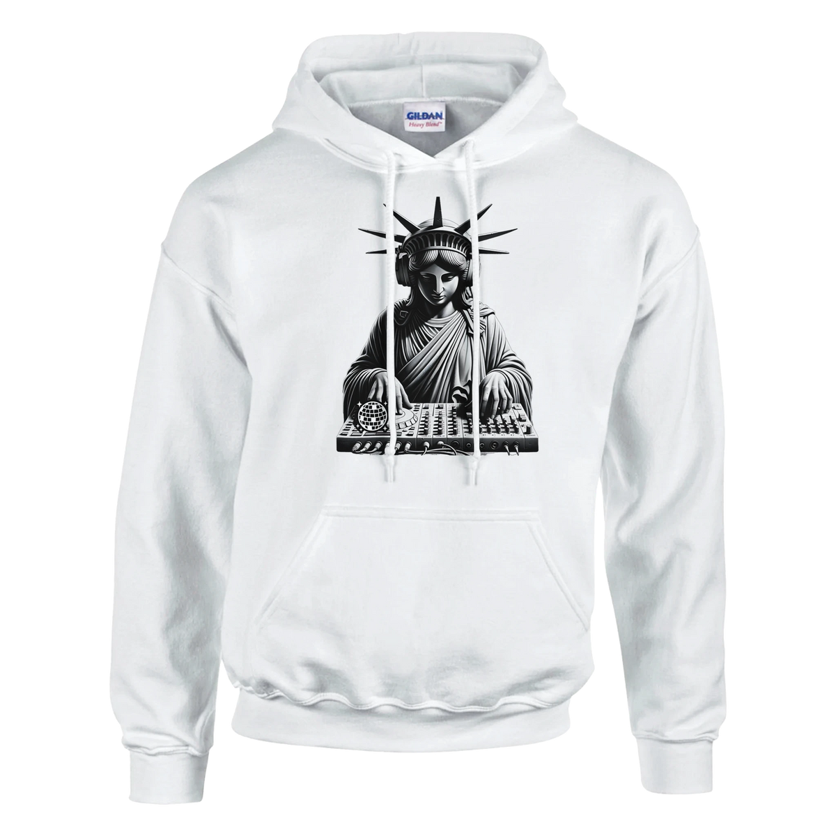 Liberty DJ men's graphic hoodie in white featuring Statue of Liberty with headphones at a DJ mixer.