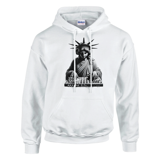 White men's graphic hoodie with a graphic of the Statue of Liberty on a white background