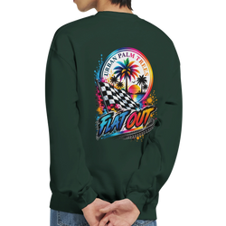 Dark green petrolhead graphic jumper featuring a colorful back print with a checkered flag, palm trees, and "Flat Out" text.