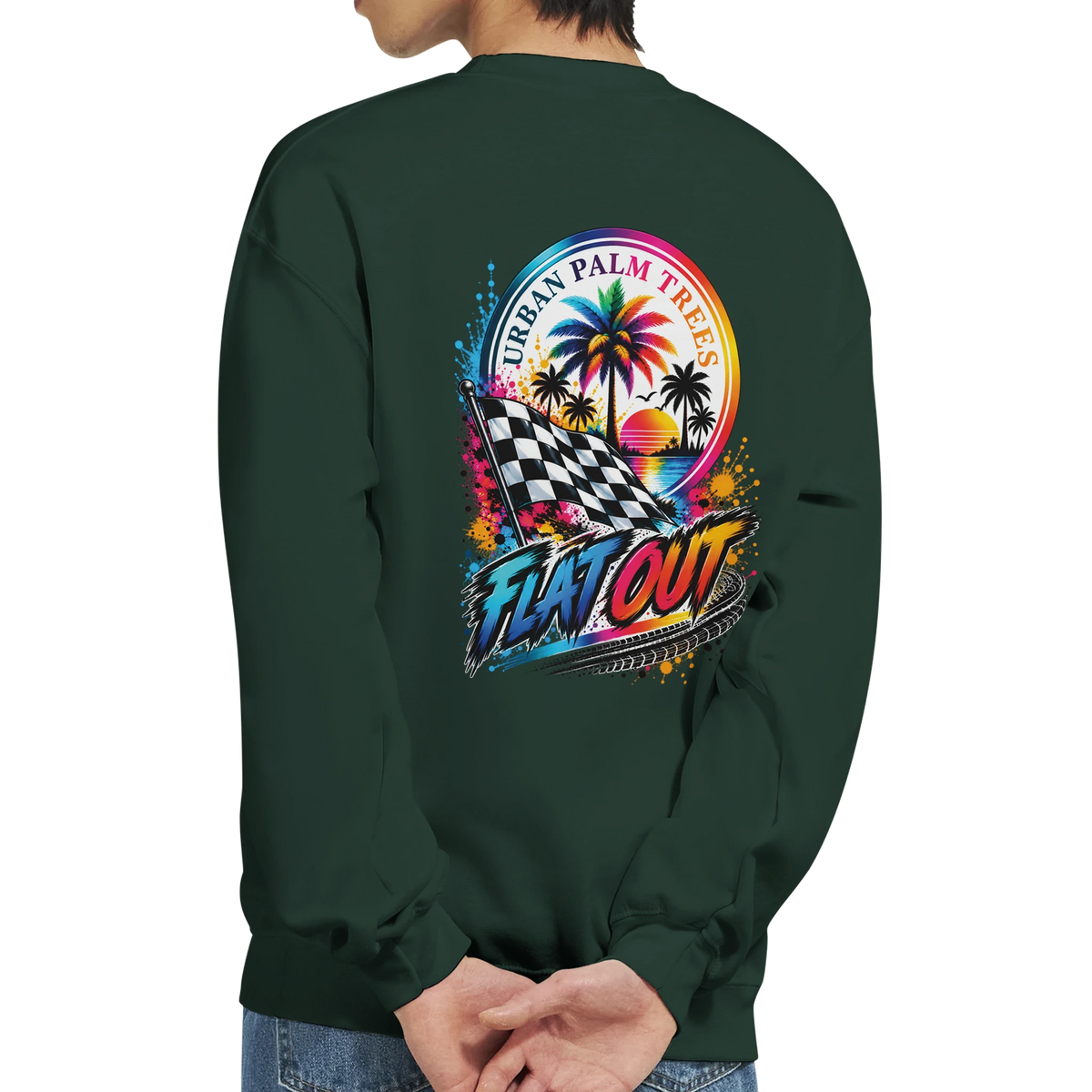 Dark green petrolhead graphic jumper featuring a colorful back print with a checkered flag, palm trees, and "Flat Out" text.