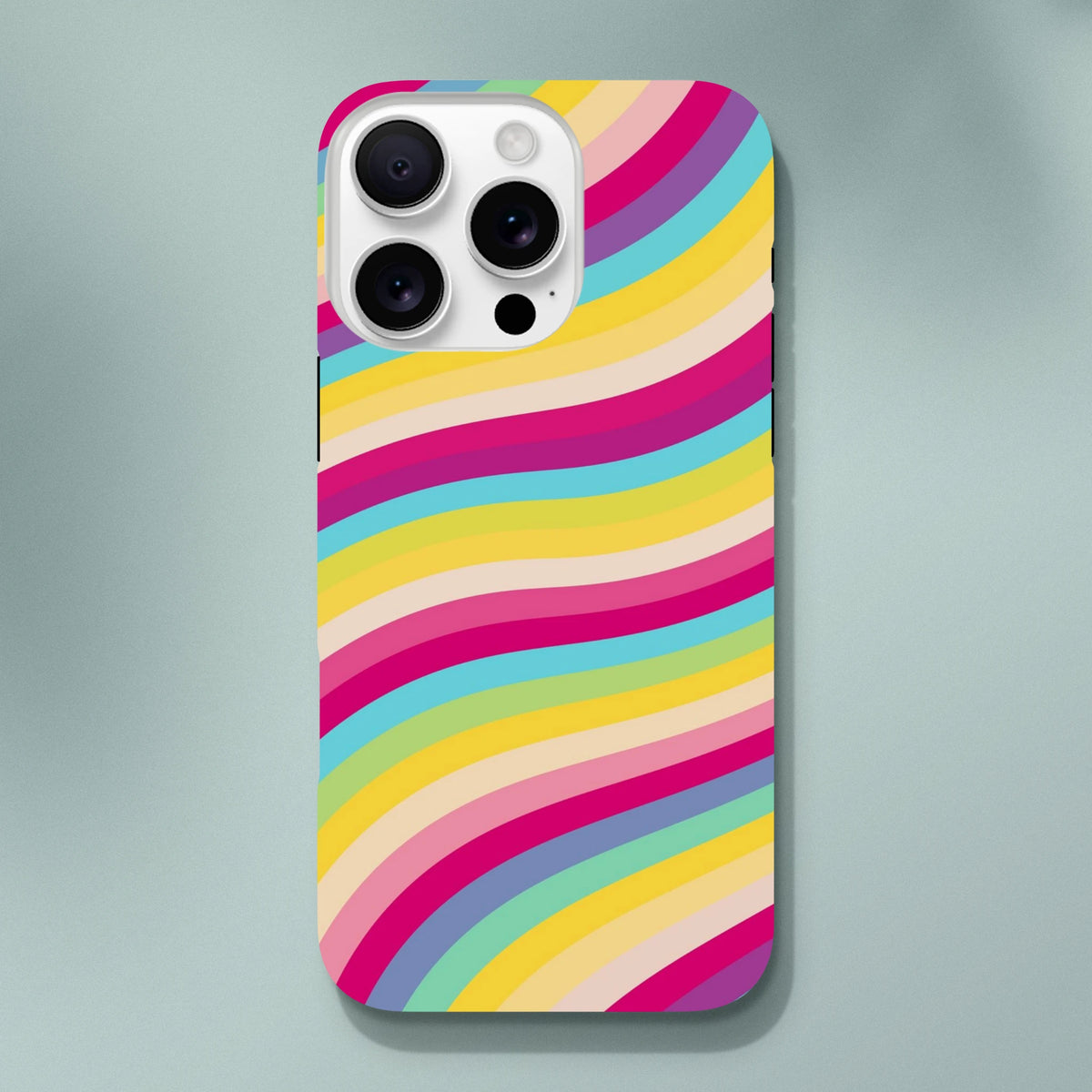 Rainbow Wave iPhone Case with retro striped design offering tough shock-absorbing TPU protection for daily use.