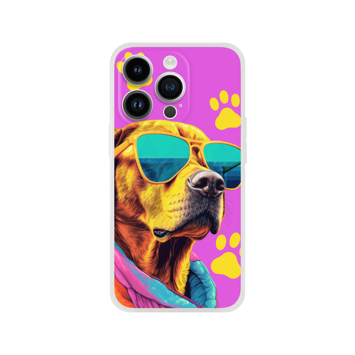 Trendy dog iPhone case (13-16) with purple background, sunglasses-wearing dog and yellow paw prints