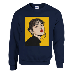 Navy blue sweatshirt featuring a pop art woman portrait graphic with a mustard yellow background and red lips.