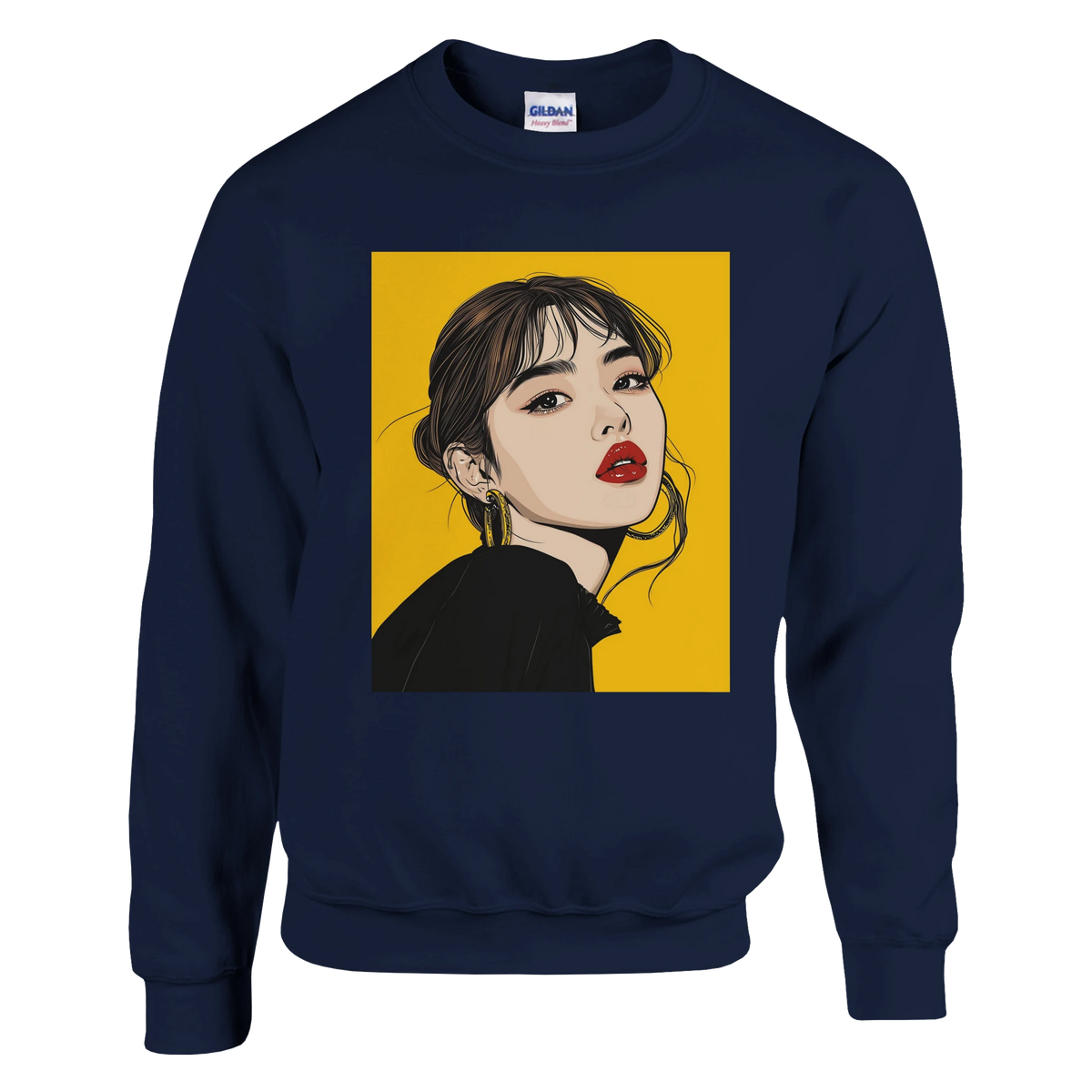 Navy blue sweatshirt featuring a pop art woman portrait graphic with a mustard yellow background and red lips.