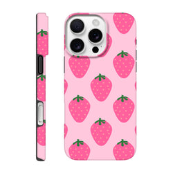 Pink tough iPhone case with cute strawberry pattern and high-gloss wraparound print for reliable defense.