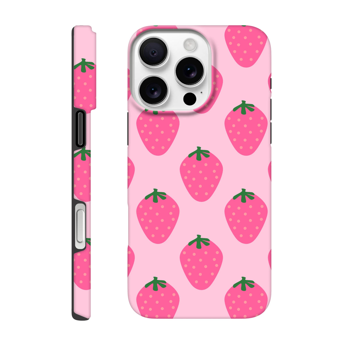 Pink tough iPhone case with cute strawberry pattern and high-gloss wraparound print for reliable defense.