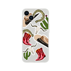 Western iPhone case featuring cowboy boots, cactus, horseshoe, hat, and longhorn skull sticker graphics.