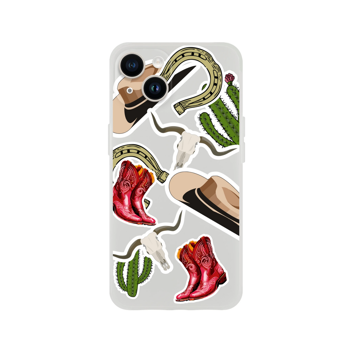 Western iPhone case featuring cowboy boots, cactus, horseshoe, hat, and longhorn skull sticker graphics.
