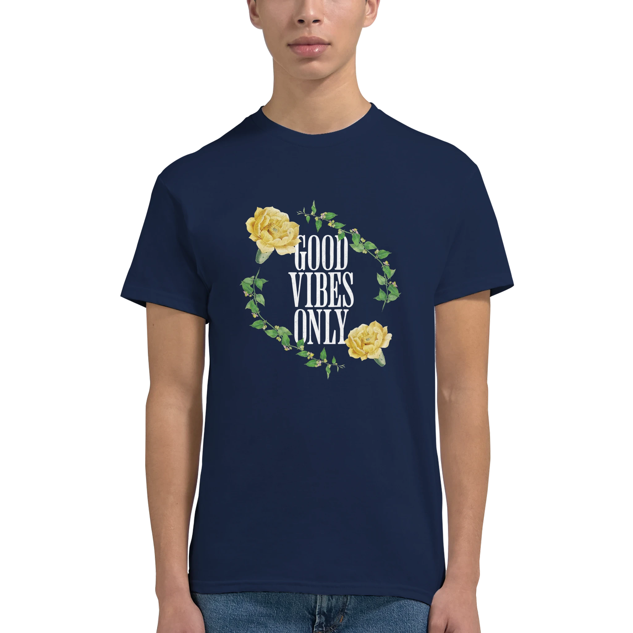 Navy Good Vibes Only men's graphic tee in soft cotton blend featuring yellow roses in a floral wreath.
