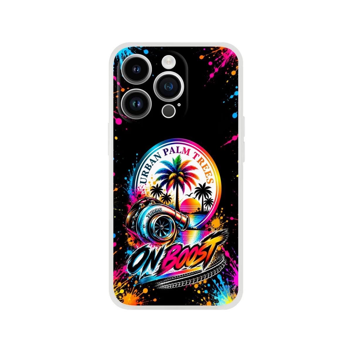 On Boost iPhone case featuring a colorful turbocharger, palm trees, and "Urban Palm Trees" text with vibrant paint splatters.