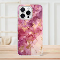 Pink marble iPhone case 13-16 in blush rose gold with gold-veined abstract design, slim matte shell.