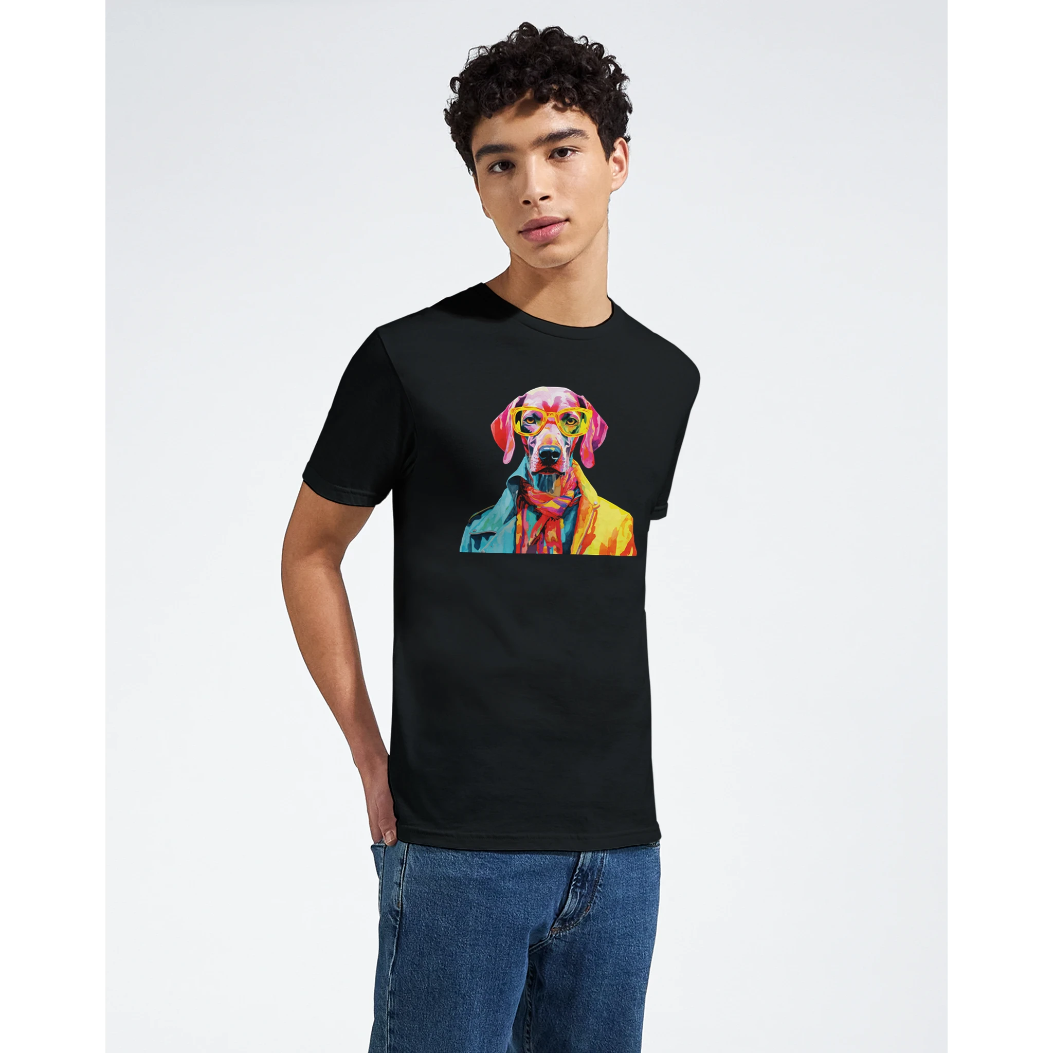 Gent Dog T Shirt: black men's graphic tee with a colorful dog wearing glasses.
