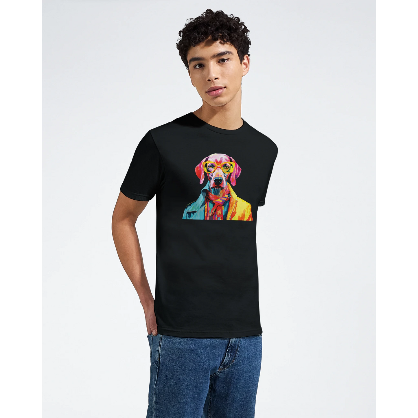 Gent Dog T Shirt: black men's graphic tee with a colorful dog wearing glasses.