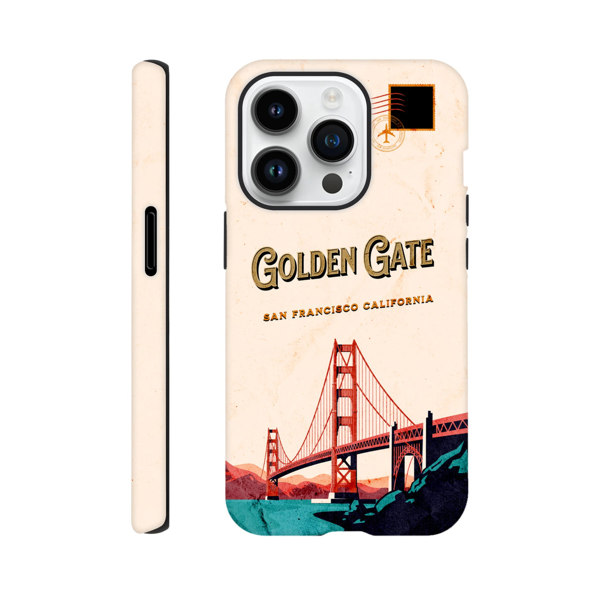 Retro San Francisco iPhone case featuring vintage Golden Gate Bridge travel postcard design with postmark stamp and distressed typography.