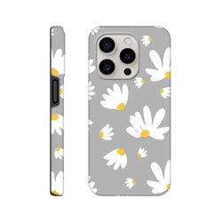 Grey daisy tough phone case featuring white floral accents with yellow centers on a utilitarian grey background.