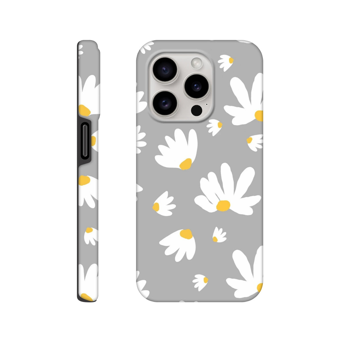 Grey daisy tough phone case featuring white floral accents with yellow centers on a utilitarian grey background.