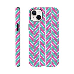 Pink and turquoise herringbone pattern iPhone case. Geometric color-block tough cover with dual-layer TPU shock absorption for iPhone 13-16.