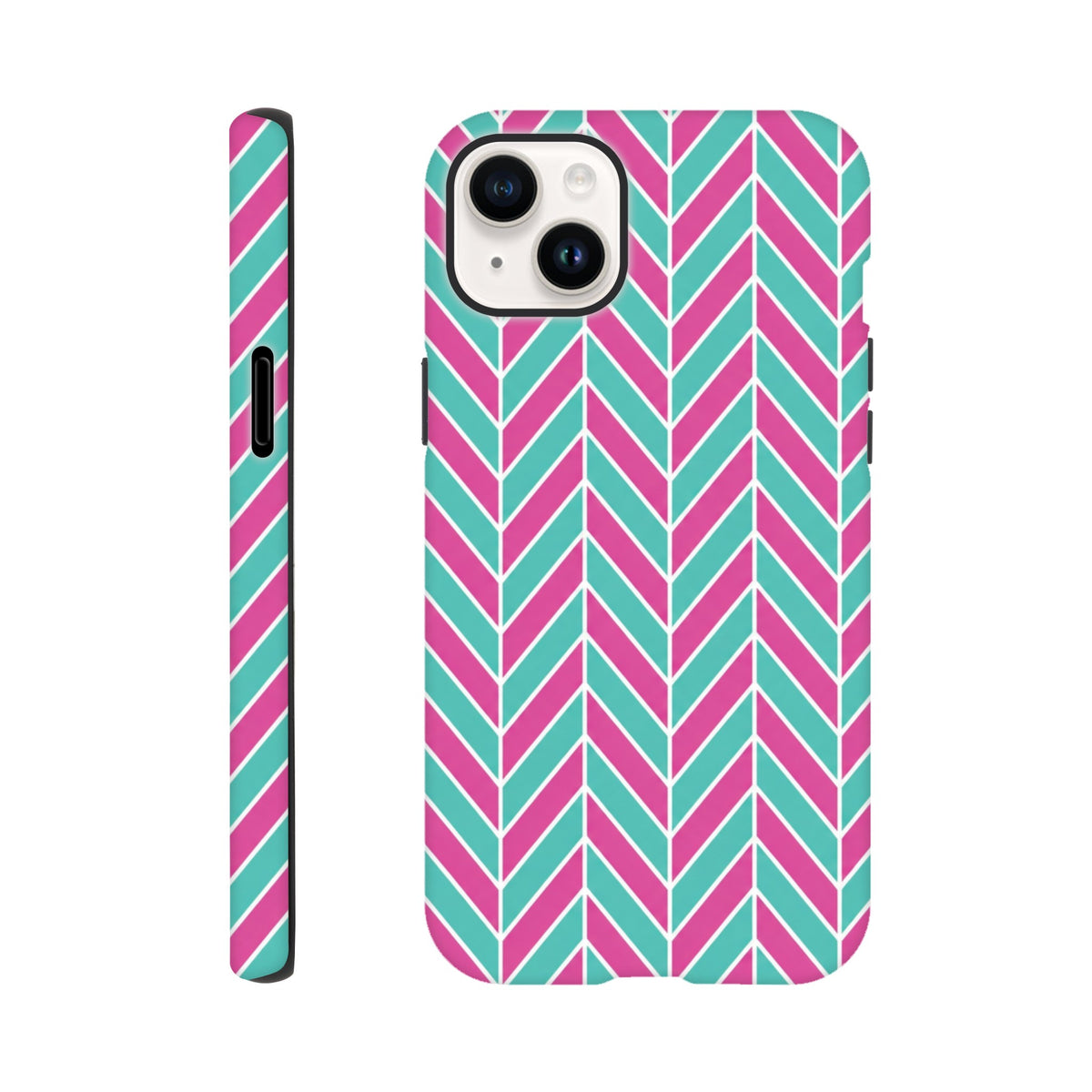 Pink and turquoise herringbone pattern iPhone case. Geometric color-block tough cover with dual-layer TPU shock absorption for iPhone 13-16.