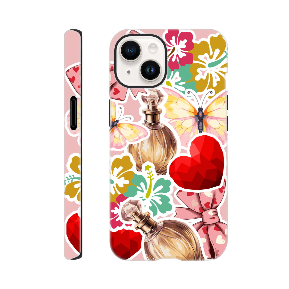 Pink floral iPhone case with sticker effect design featuring butterflies, perfume bottles, red hearts, and colorful hibiscus flowers on a tough cover.