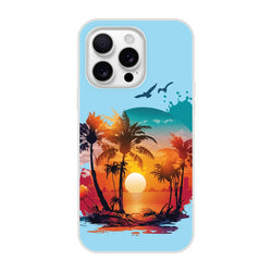 Sunset beach iPhone case (13-16) featuring palm silhouettes and a vivid orange sunset.